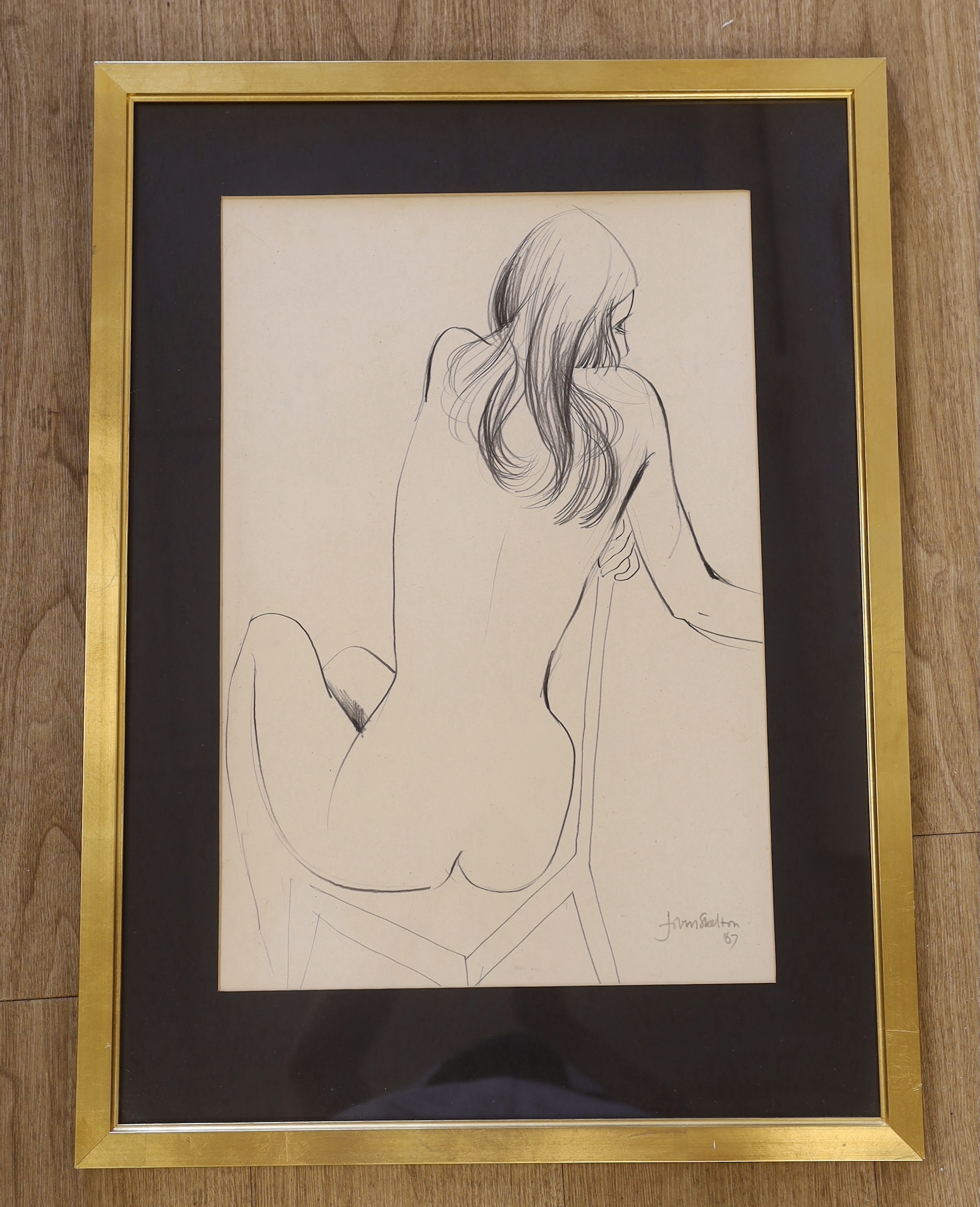 John Skelton (Irish 1925-2005) pencil sketch, Nude on a chair, signed and dated '87, 47 x 32cm